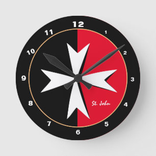 White Maltese Cross & Malta flag decor / knights Round Clock