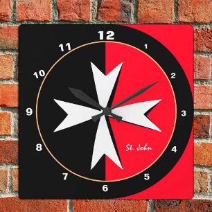 White Maltese Cross & Malta flag, house / knights Square Wall Clock
