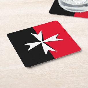 White Maltese Cross & Malta flag symbol / knights Square Paper Coaster