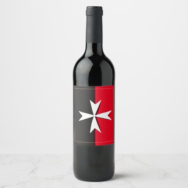 White Maltese Cross & Malta flag symbol / knights Wine Label (Front)