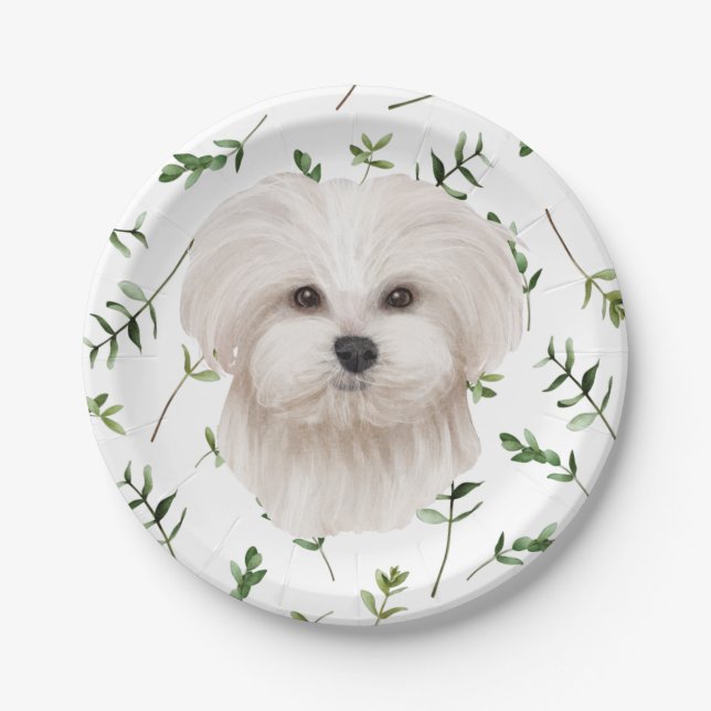 White Maltese Dog Greenery Boho Baby Shower Paper Plate (Front)