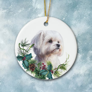 White Maltese Dog Portrait Holly Wreath Ceramic Ornament