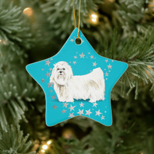 White Maltese Dog Silver Stars Teal Christmas Ceramic Ornament