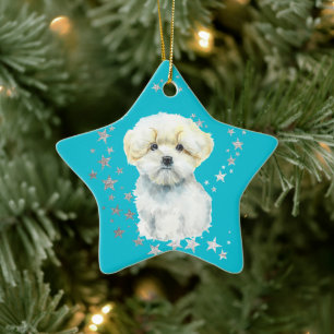 White Maltese Dog Silver Stars Teal Christmas Ceramic Ornament