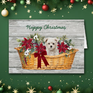 White Maltese Puppy in Basket Christmas Card