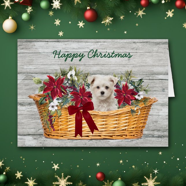 White Maltese Puppy in Basket Christmas Card (Creator Uploaded)