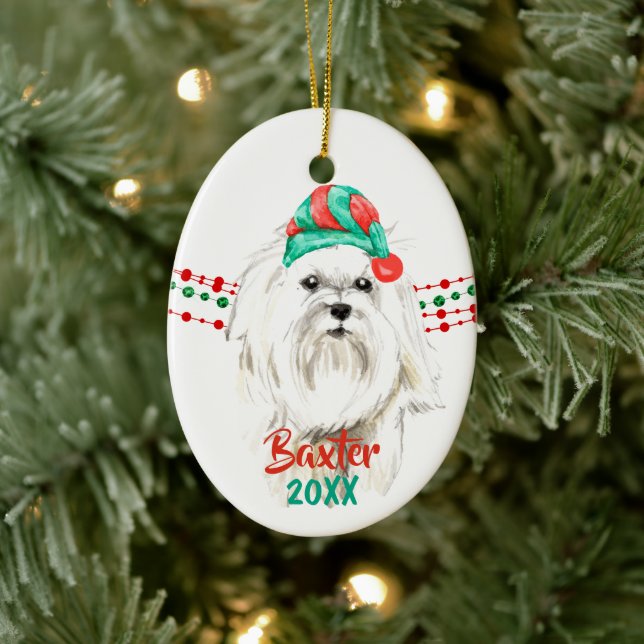 White Maltese Santa Hat Holiday String Beads Ceramic Ornament (Tree)