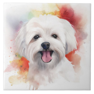 White Maltese Watercolor Ceramic Tile