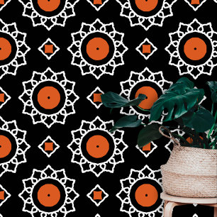 White Mandala-like Motifs Orange Circles on Black Wallpaper