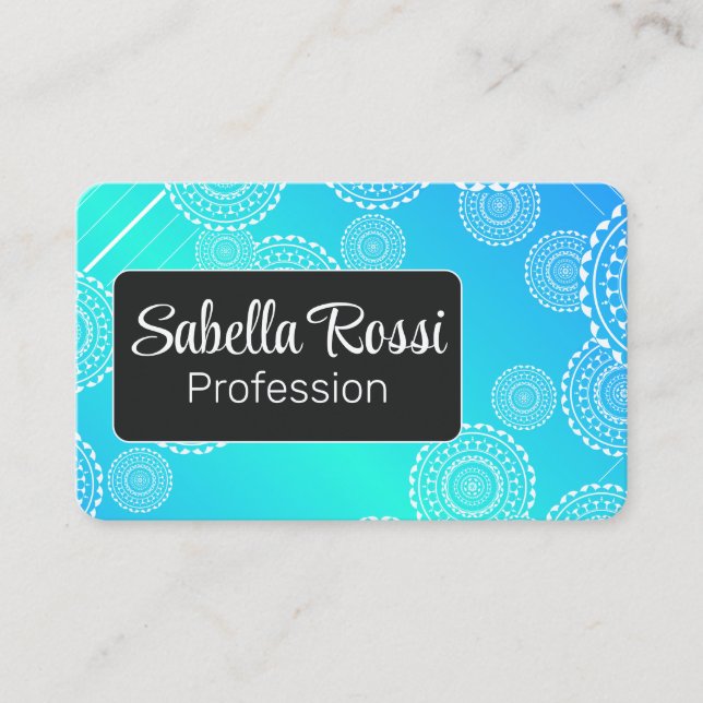 White Mandala on Aqua Blue Blended Rainbow Black Business Card (Front)