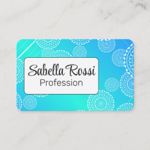 White Mandala on Aqua Blue Blended Rainbow White Business Card
