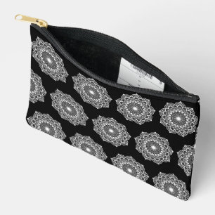 White Mandala on Black Background Accessory Pouch