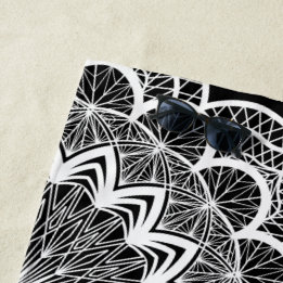White Mandala on Black Background Beach Towel