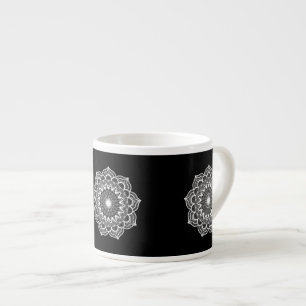 White Mandala on Black Background Espresso Cup