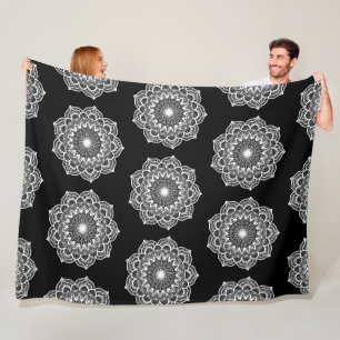 White Mandala on Black Background Fleece Blanket