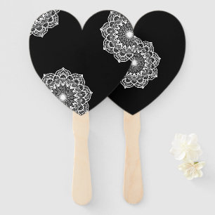 White Mandala on Black Background Hand Fan