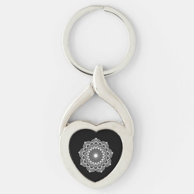 White Mandala on Black Background Key Ring (Front)