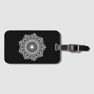 White Mandala on Black Background Luggage Tag
