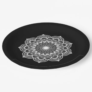 White Mandala on Black Background Paper Plate