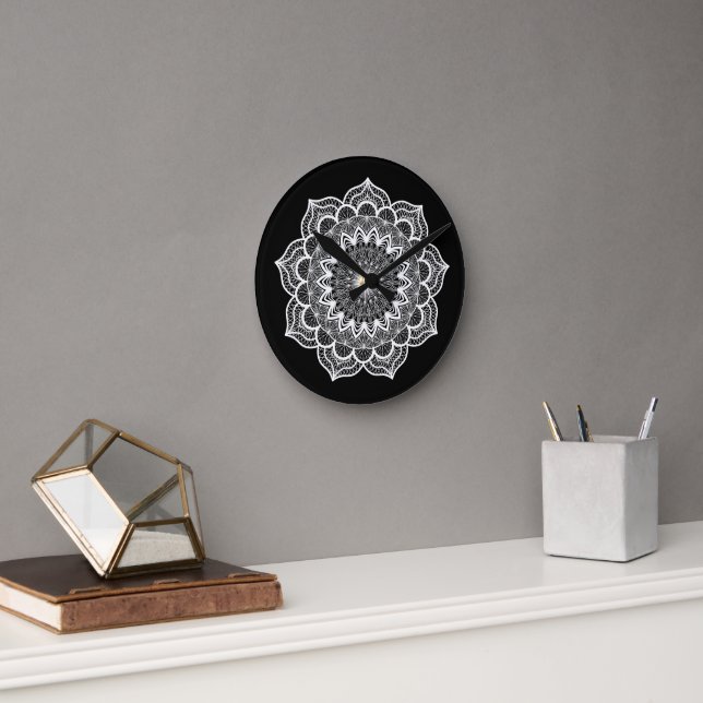 White Mandala on Black Background Round Clock (Office)