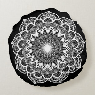 White Mandala on Black Background Round Cushion