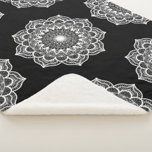 White Mandala on Black Background Sherpa Blanket
