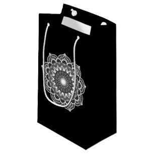 White mandala on black background small gift bag