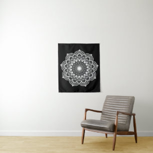 White Mandala on Black Background Tapestry