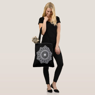 White Mandala on Black Background Tote Bag