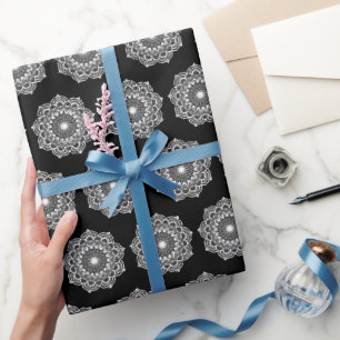 White Mandala on Black Background Wrapping Paper