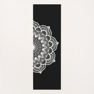 White Mandala on Black Background Yoga Mat