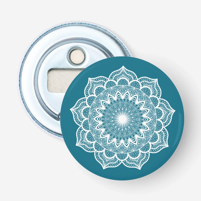 White Mandala on Blue Background Bottle Opener (Front)