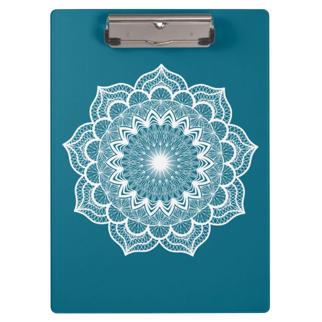 White Mandala on Blue Background Clipboard (Front)