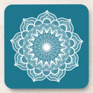 White Mandala on Blue Background Coaster