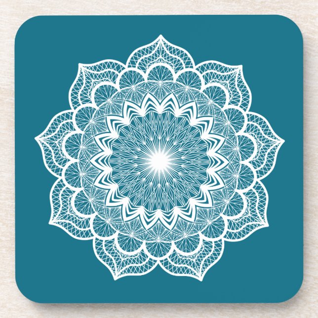 White Mandala on Blue Background Coaster (Front)