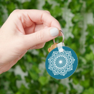 White Mandala on Blue Background Key Ring
