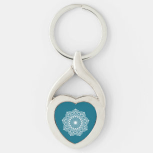 White Mandala on Blue Background Key Ring