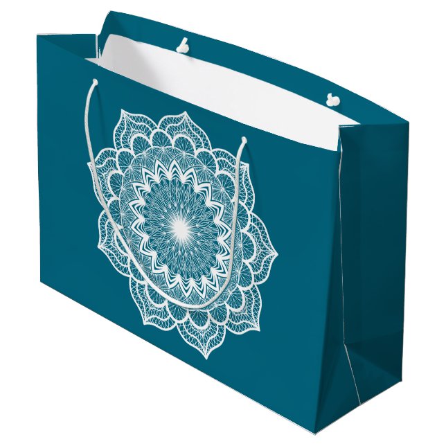 White Mandala on Blue Background Large Gift Bag (Back Angled)