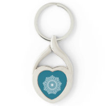 White mandala on blue background Metal Keychain