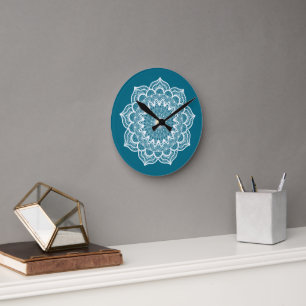 White Mandala on Blue Background Round Clock