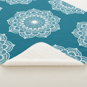 White Mandala on Blue Background Sherpa Blanket