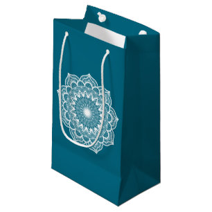 White mandala on blue background small gift bag