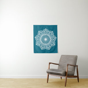 White Mandala on Blue Background Small Tapestry