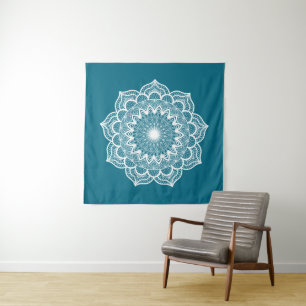White Mandala on Blue Background Tapestry