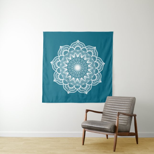 White Mandala on Blue Background Tapestry (In Situ)