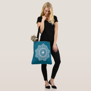 White Mandala on Blue Background Tote Bag