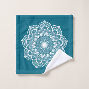 White Mandala on Blue Background Wash Cloth