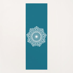 White Mandala on Blue Background Yoga Mat