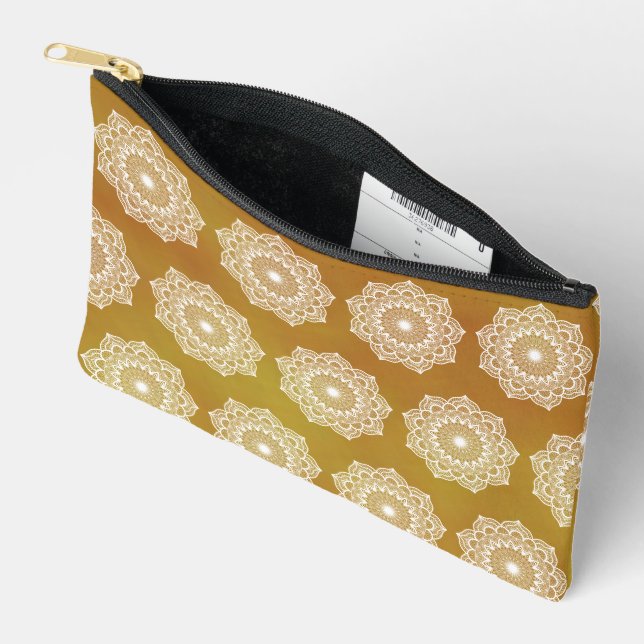 White Mandala on Gold Background Accessory Pouch (Open)