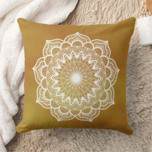 White Mandala on Gold Background Cushion